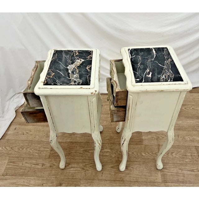Wood Early 20th Century French Nightstands Bedside Chests Marble Top Shabby Chic Distressed Petite Size For Sale - Image 7 of 11