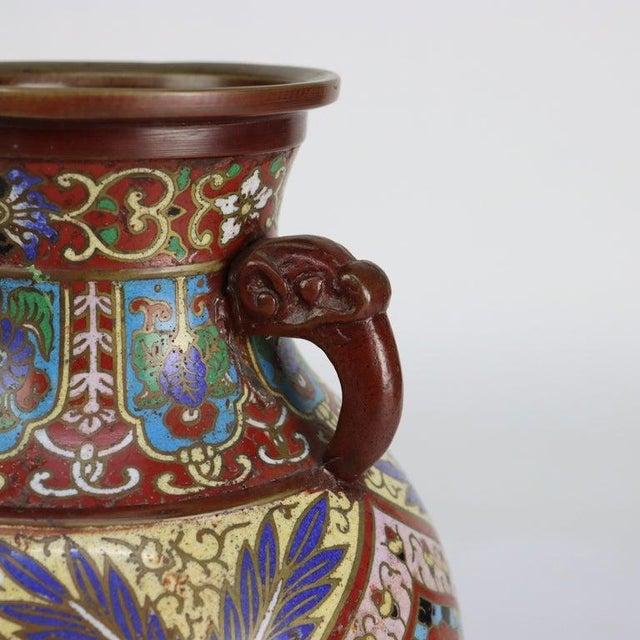 Antique Japanese Cloisonne Enameled Double Handle Bronze Vase C1900 For Sale - Image 6 of 7