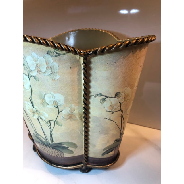 Beige Vintage Tole Orchid Wastebasket With Scalloped Edge For Sale - Image 8 of 10
