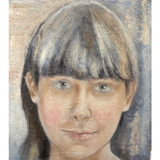 Melody by Gabriella Di XX Miglia | Oil & wax on paper on wood Portrait of a young girl For Sale