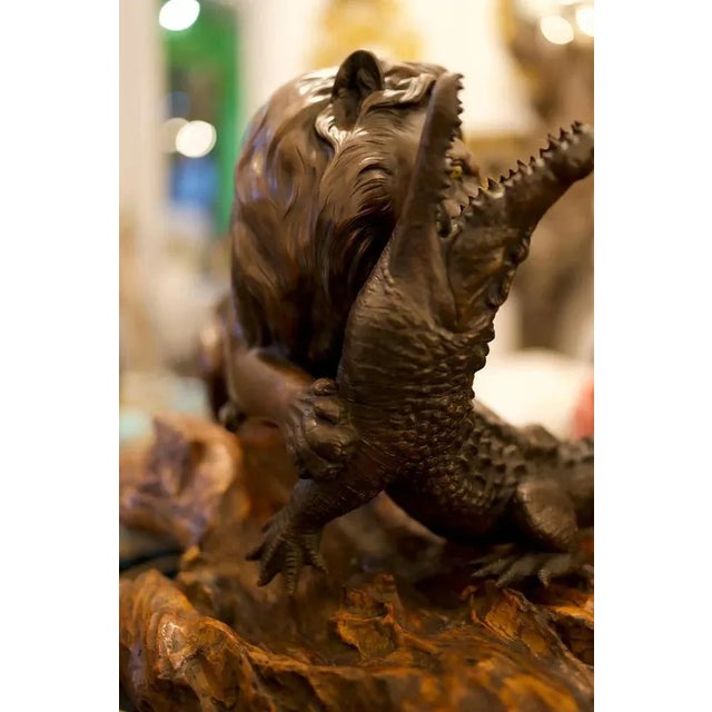19th Century Bronze Lion and Crocodile on Hardwood Base For Sale - Image 5 of 9