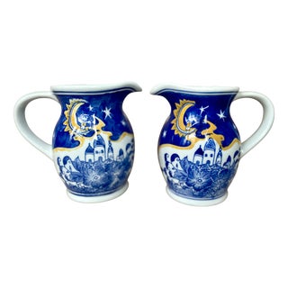 Handpainted Ceramic Jugs with Angel and Cityscape Reverie, 1990s, Set of 2 For Sale