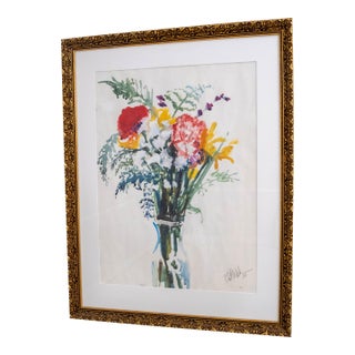 Abstract Flowers in Vase Watercolor Painting Artist Signed For Sale