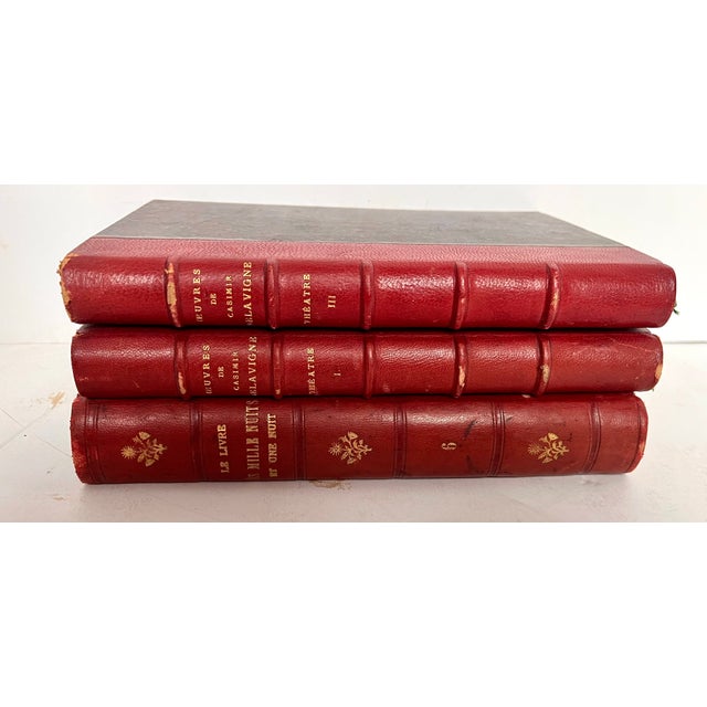 Red Antique French Red Leather Bound Books - Set of 3 For Sale - Image 8 of 18