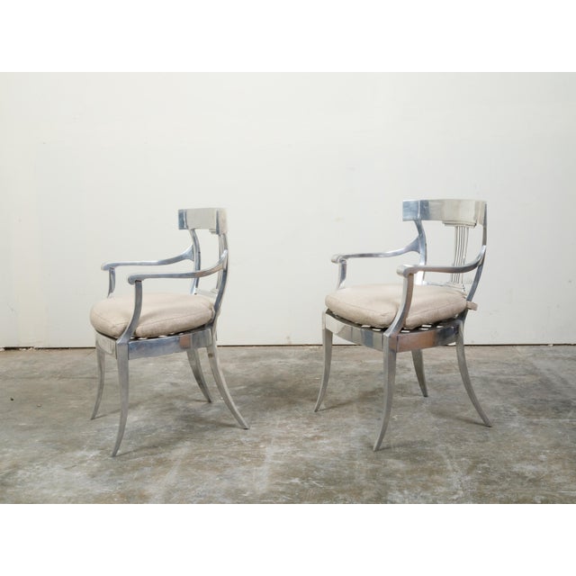 Vintage Pair of Mid-Century Steel Armchairs with Custom Cushion and Saber Legs For Sale - Image 9 of 11