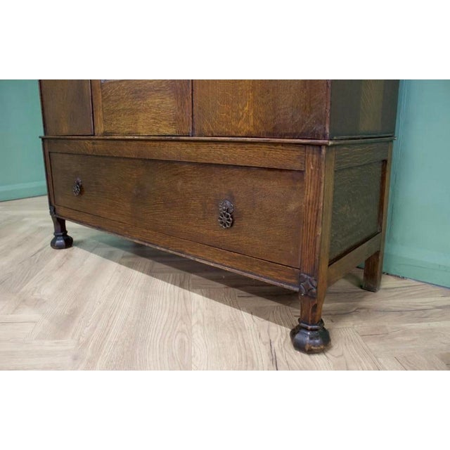 Wood Early 20th Century British Made Art Nouveau Wardrobe Armoire With Stunning Carved Relief Accents and Hardware For Sale - Image 7 of 12