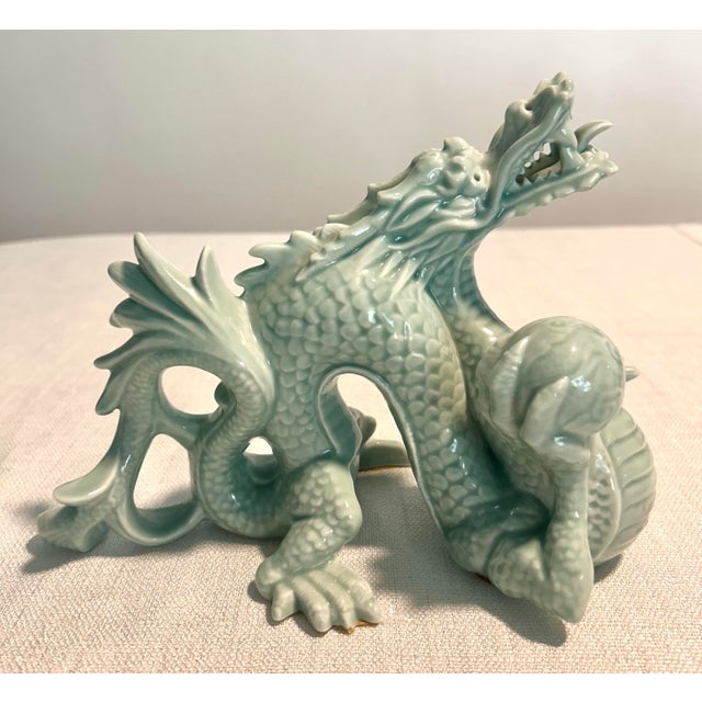 Mid-Century Modern MCM Porcelain Celadon Andrea by Sadek Dragon Figurine For Sale - Image 3 of 7