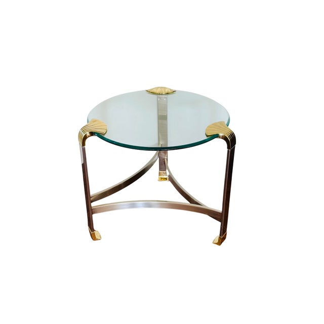 Labarge Vintage Hollywood Regency Chrome & Brass Glass-Top Side Table | Sculptural Tri-Leg Base | Art Deco Revival Accent Table For Sale - Image 4 of 10