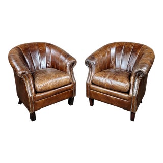 Vintage Club Chairs Art Deco Style in Brown Leather - a Pair For Sale