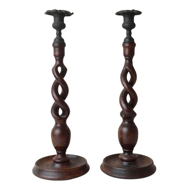 Large Antique English Oak Barley Twist Candlesticks, 1920s, Set of 2 For Sale - Image 6 of 6