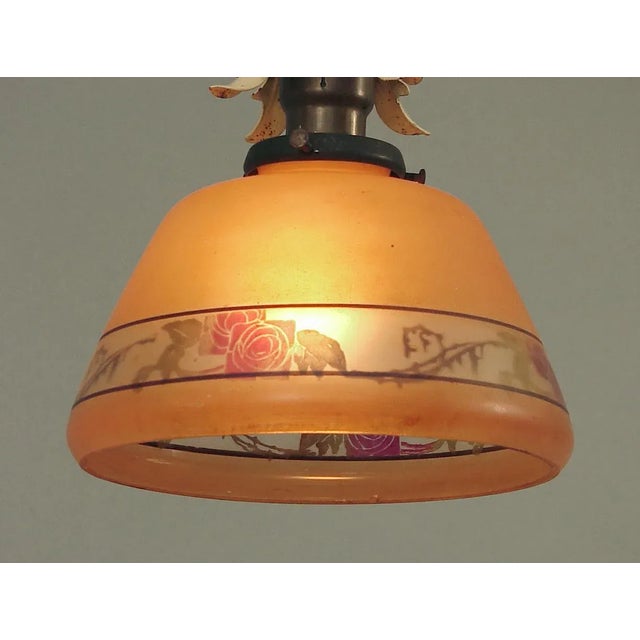 American 1910 Hanging Light With Splashy Look and Decorated Glass Shade For Sale - Image 3 of 4