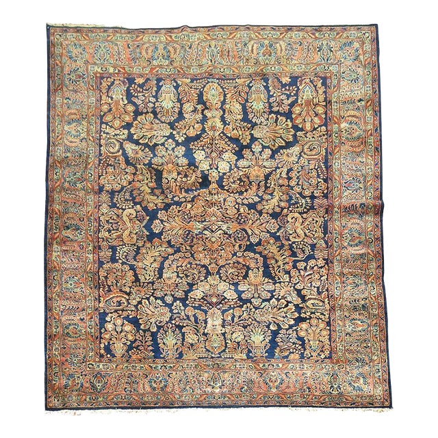 Antique Zabihi Collection Rare Navy Blue Field Persian Fine Sarouk Rug - 8'1" x 9'5" For Sale
