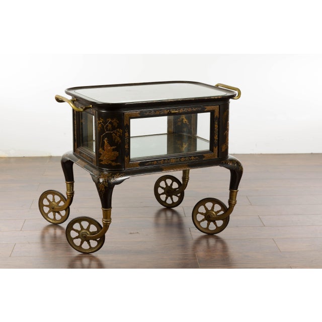 19th Century English Black and Gold Japanned Cart with Chinoiserie Décor For Sale - Image 4 of 12