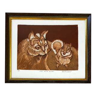 Vintage Hand Colored Woodcut of a Cat and Squirrel in Wood Frame For Sale