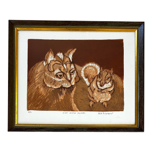 Vintage Hand Colored Woodcut of a Cat and Squirrel in Wood Frame