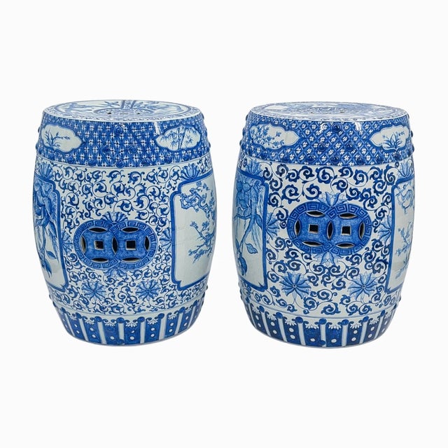 Late 20th Century Pair of Blue and White Chinoiserie Porcelain Garden Stools For Sale - Image 9 of 14
