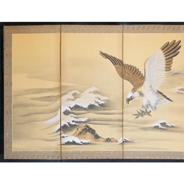 Impressive Chinese 4-panel folding painted silk screen depicts Bald or White-Headed Eagle landing at the sea bank. Very...