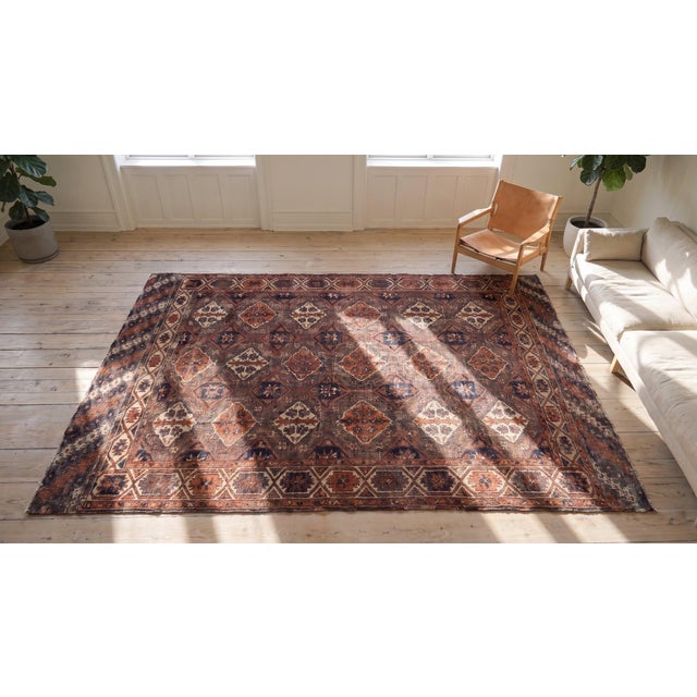 Special Auburn Brown Ground Color With Multicolor Diamond Pattern Geometric Design Antique Central Asian Chodor Turkmen Rug For Sale - Image 14 of 16
