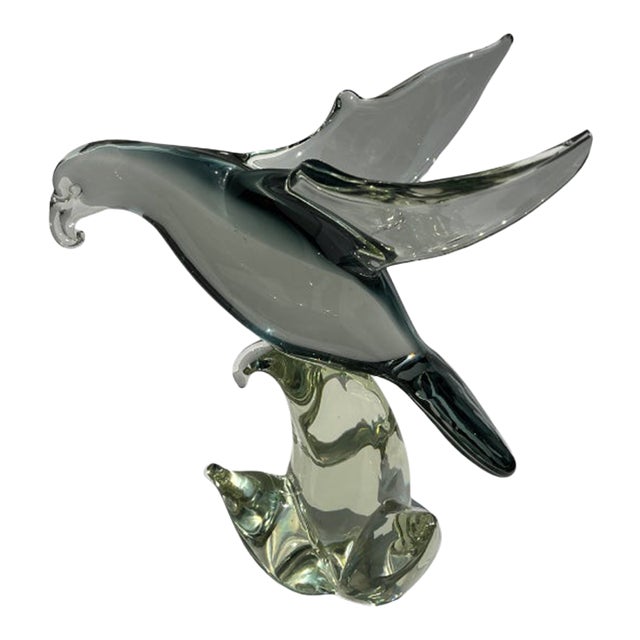 Vintage Modernist Blown Art Glass Bird Sculpture 9.5” Heavy Murano Style Statement Piece For Sale