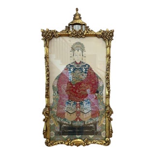 Mid 20th Century Large Chinese Ancestor Portrait-Style Artwork in Substantial Ornate Gilt Frame For Sale