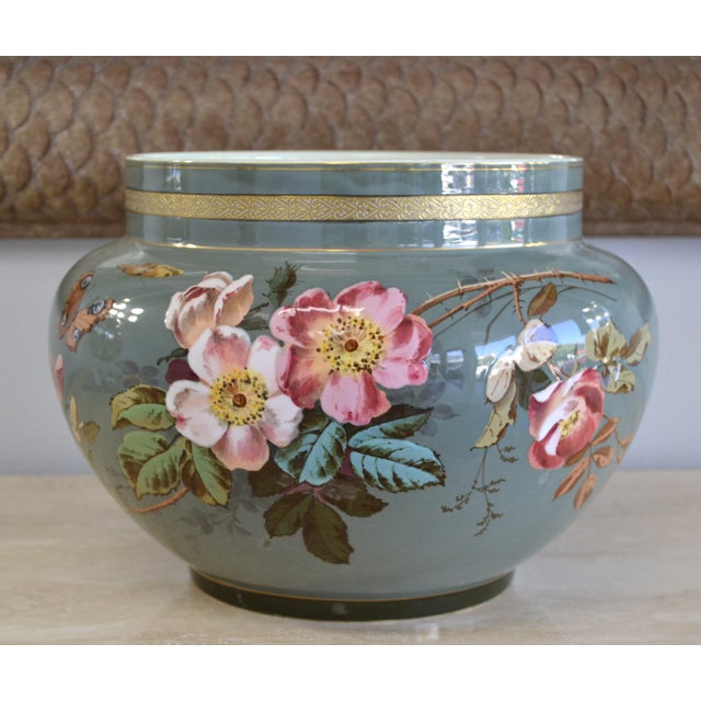 Ceramic Large Early 19th Century Hand Painted Ceramic Jardiniere Bowl Butterfly Flowers For Sale - Image 7 of 11