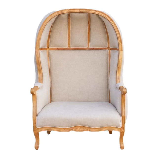 Large Carved Wood Upholstered Canopy Club Chair For Sale