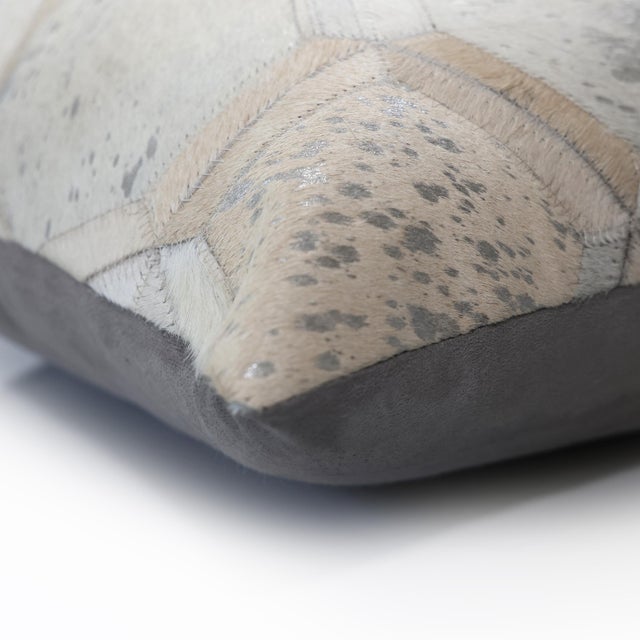 2020s Luxury Silver Metallic Honeycomb Genuine Cowhide Pillow 18x18 | Handmade Designer Leather Cushion For Sale - Image 5 of 7