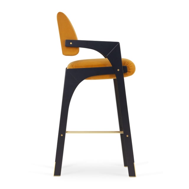 Contemporary Arches Bar Stool in Mustard Velvet and Black Lacquered from Insidherland For Sale - Image 3 of 15
