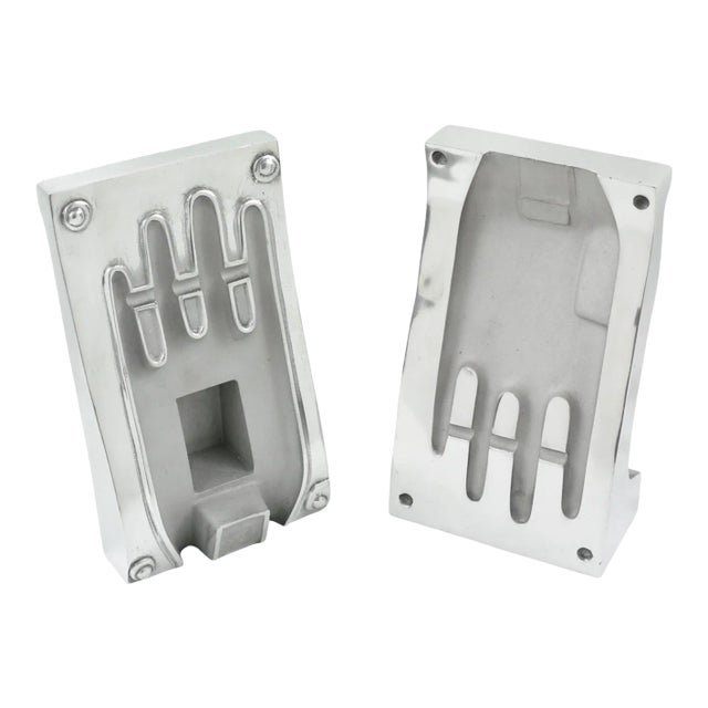 Stainless Steel Industrial Hand Glove Mold Sculpture Bookends, a pair For Sale