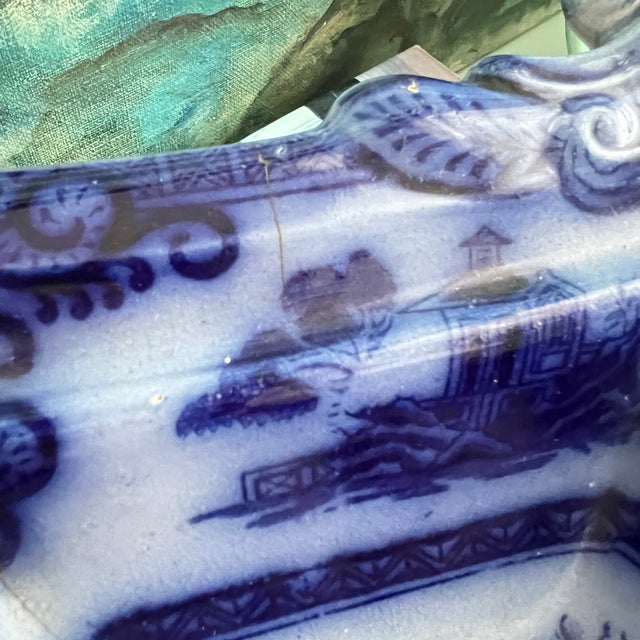 Antique Flow Blue Hexagon Rimmed Pedestal Bowl For Sale - Image 16 of 18