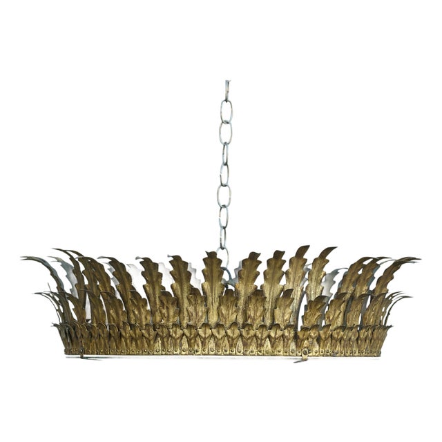 Mid 20th Century Spanish Midcentury Gilt Metal Semi-Flush Crown Chandelier with Tiered Foliage For Sale