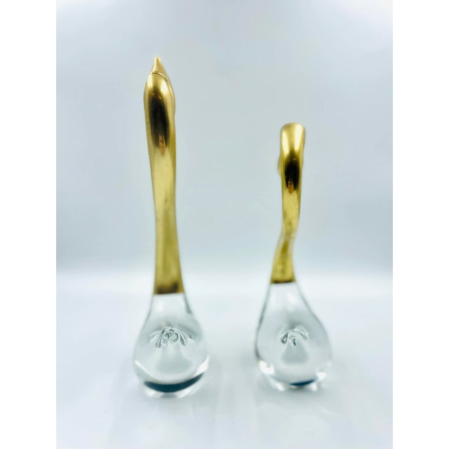 Mid-Century Modern Mid 20th Century Set of 2 Hand Blown Clear Art Glass & Brass Swan Sculptures/Figurines For Sale - Image 3 of 12