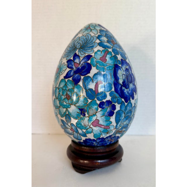 Vintage Display Size Blue Floral Cloisonné Egg on Wood Stand For Sale - Image 4 of 12