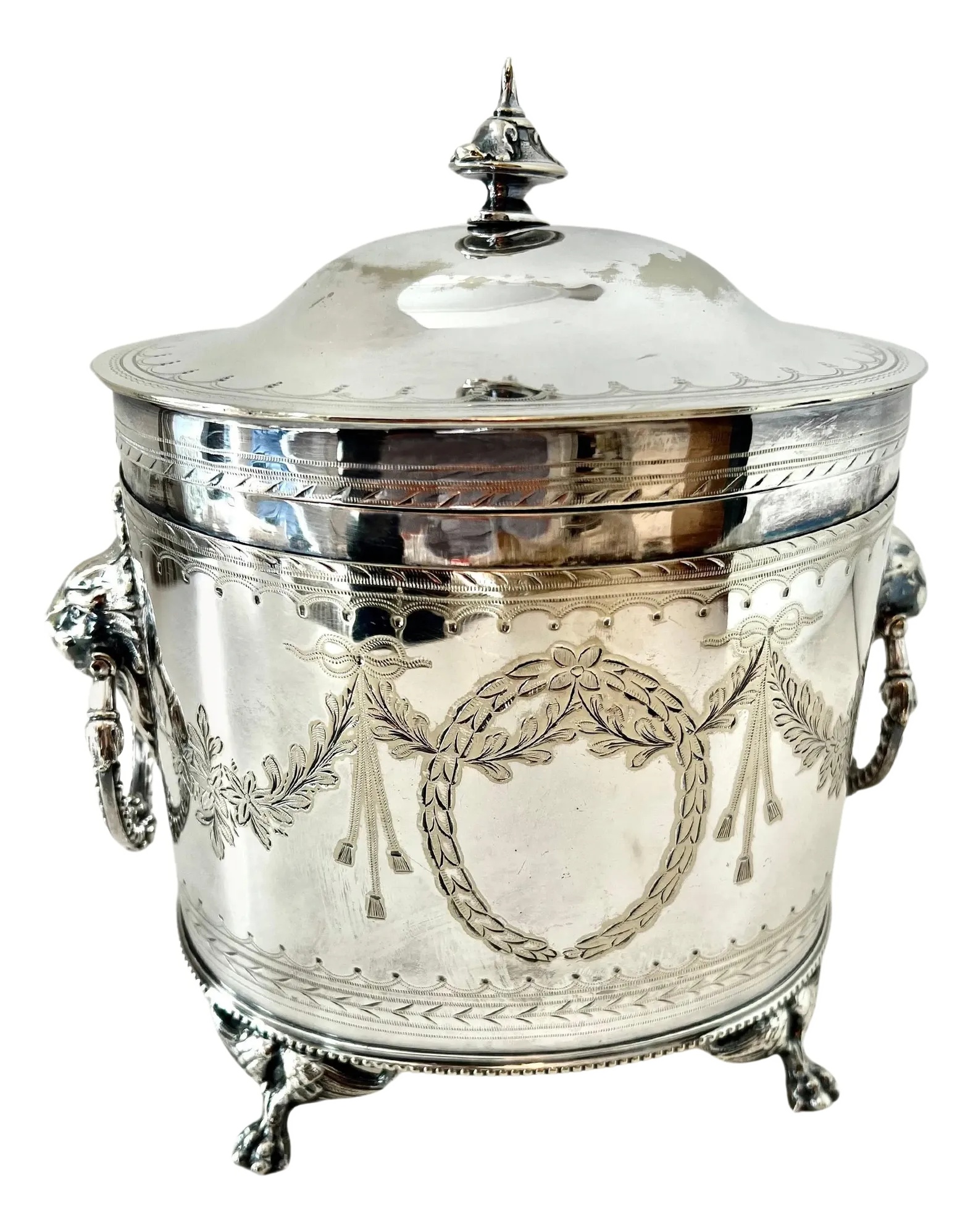 English Silver Plate Tea Caddy with Lion and Ring Handles | Chairish