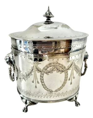 English Silver Plate Tea Caddy with Lion and Ring Handles