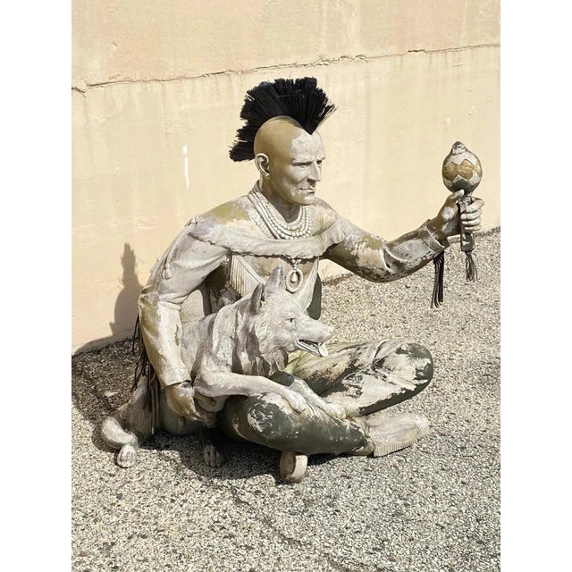 Modern Vintage Life Size Native American Indian Fiberglass Seated Chief and Wolf Statue For Sale - Image 3 of 12