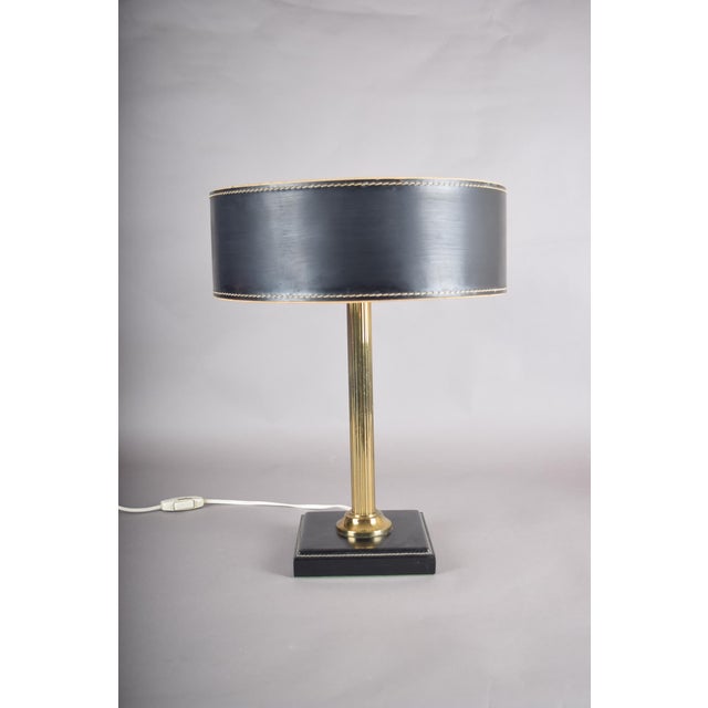 Mid-Century Modern French Table Lamp in Brass and Black Leather, 1960s For Sale - Image 4 of 14