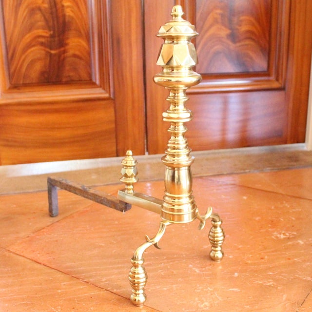 19th Century Pair of Antique English Turned Brass Andirons With “Beehive” Feet For Sale - Image 5 of 11