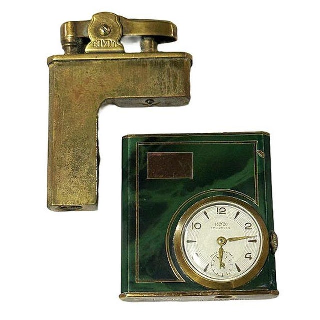 1950s Mid 20th Century German Green Marble German Brass Lighter W/ Watch by Eclydo For Sale - Image 5 of 9