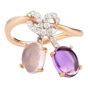 Amethyst and Rose Quartz Ring With Diamond Bow 18k Solid Rose Gold Size 7