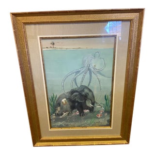 20th Century Surrealist Watercolor Elephant and Octopus For Sale