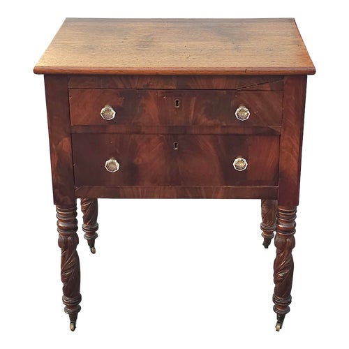 American Federal Mahogany 2-Drawer Work Table With Original Brass Cup Casters, C. 1800s