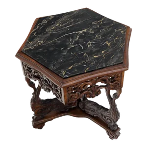 Heavily Pierce Carved Walnut Hexagon Marble Top Swann Bird Motive Stand Pedestal
