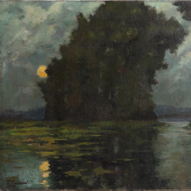 Early 20th Century Romantic Moonlight River Landscape, Vintage Original Impressionist Oil Painting, Early-Mid 20th Century For Sale - Image 5 of 10