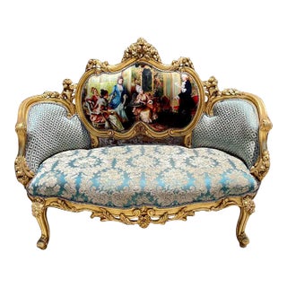 French Rococo Style Gold Leaf Damask Settee For Sale