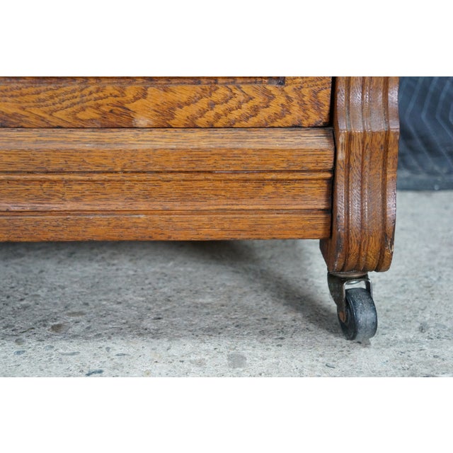 Wood Antique Victorian Eastlake Oak Three Drawer Carved Dresser Chest Casters 43" For Sale - Image 7 of 18