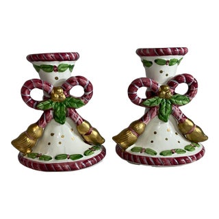 Vintage Rope & Tassel Ceramic Christmas Candle Holders - a Pair. For Sale