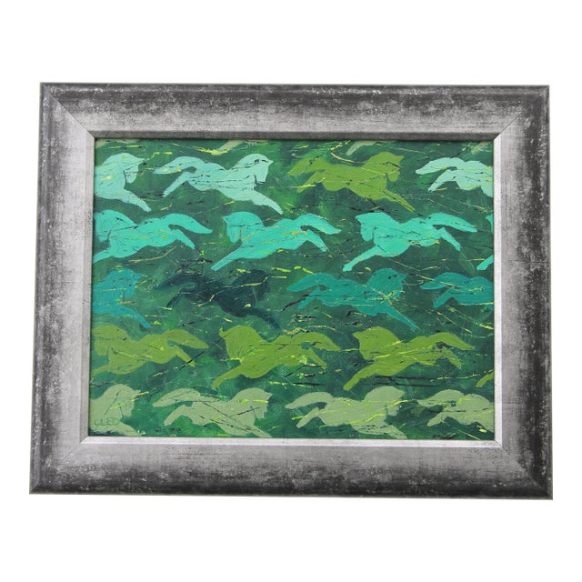 Horses Abstract Minimalism Folk Art Green Original Oil Painting by Cleo Plowden For Sale