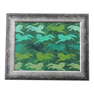 Horses Abstract Minimalism Folk Art Green Original Oil Painting Cleo Plowden For Sale