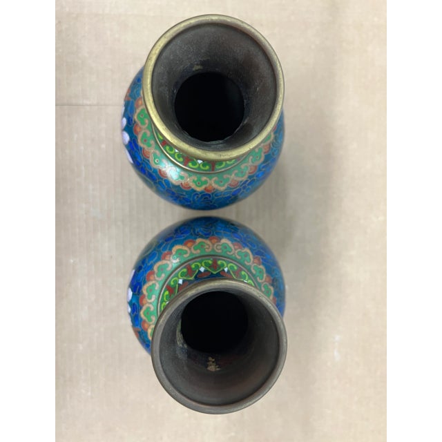 Mid 20th Century Vintage Chinese Cloisonne Floral Decorated Vases- a Pair For Sale - Image 4 of 7